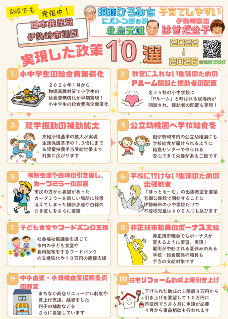 伊勢崎市議選　日本共産党の実績10選