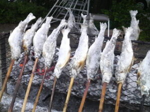 2011矢場新町夏祭り　すごい人気の鱒の塩焼き