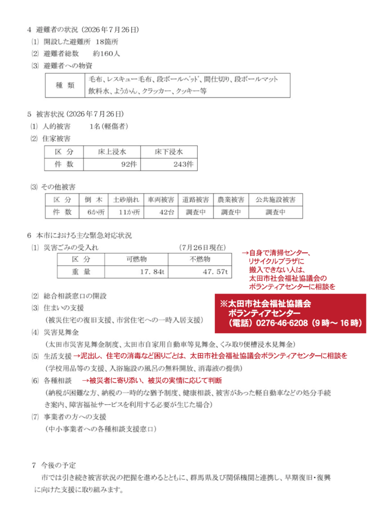 2026年7月17日　豪雨被害と太田市の対応　第2報P2　7月30日
