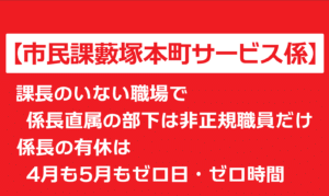 市民課藪塚本町サービス係　課長のいない職場　係長直属の部下は非正規職員だけ　係長の有休は4月も5月もゼロ日・ゼロ時間　2026年9月議会